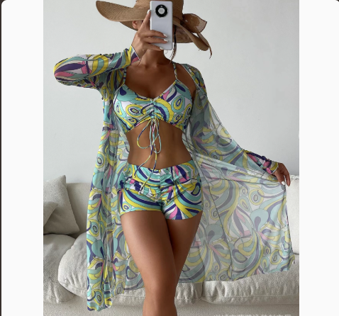 Fashionable Sexy Mesh Cover-Up with Leg-Length Briefs Three-Piece Swimwear Set