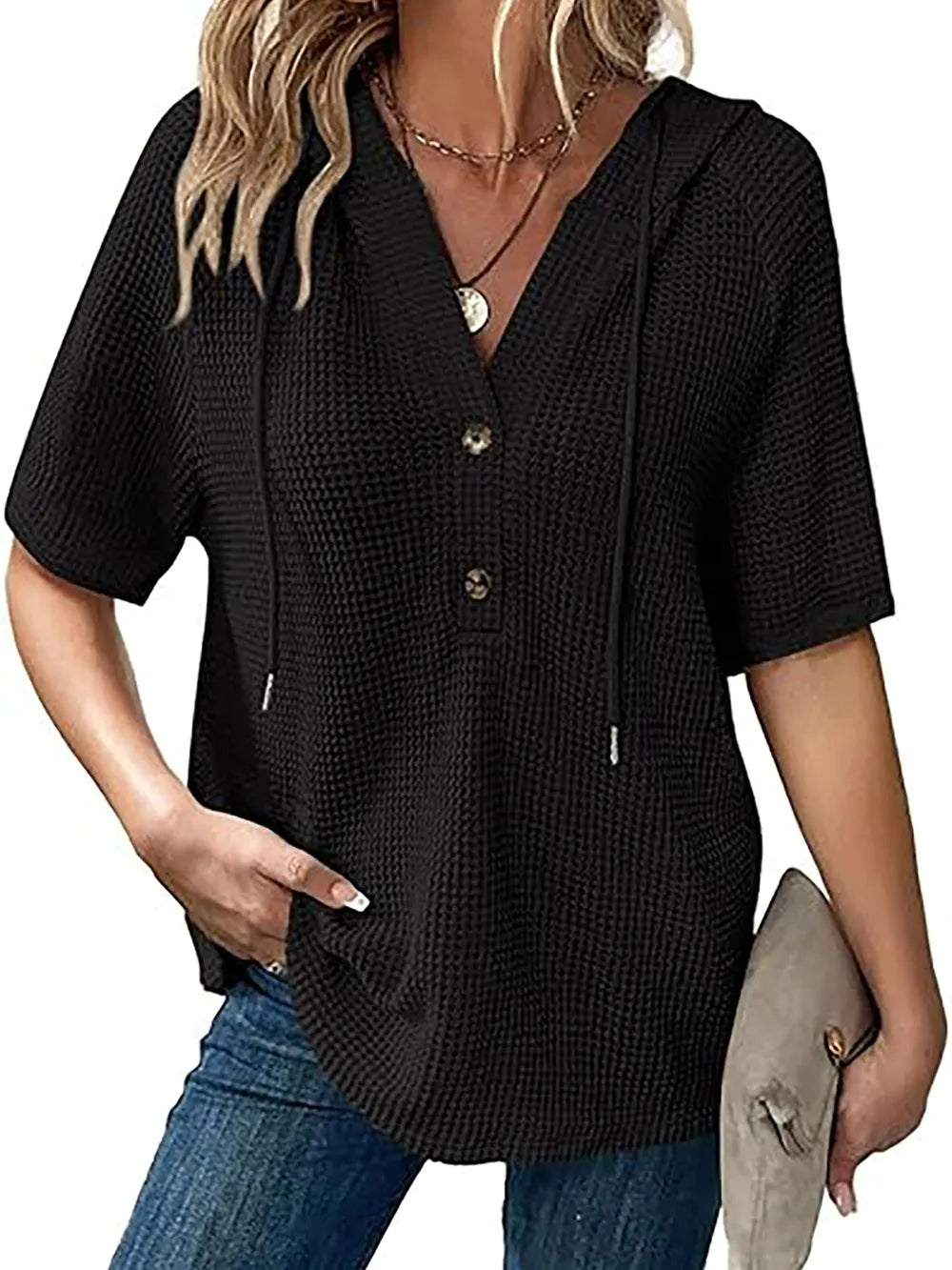 Waffle-Knit Hooded Short-Sleeve Blouse