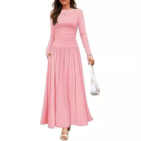 Round Neck Pleated Pocket Slim Fit Long Sleeve Knit Dress