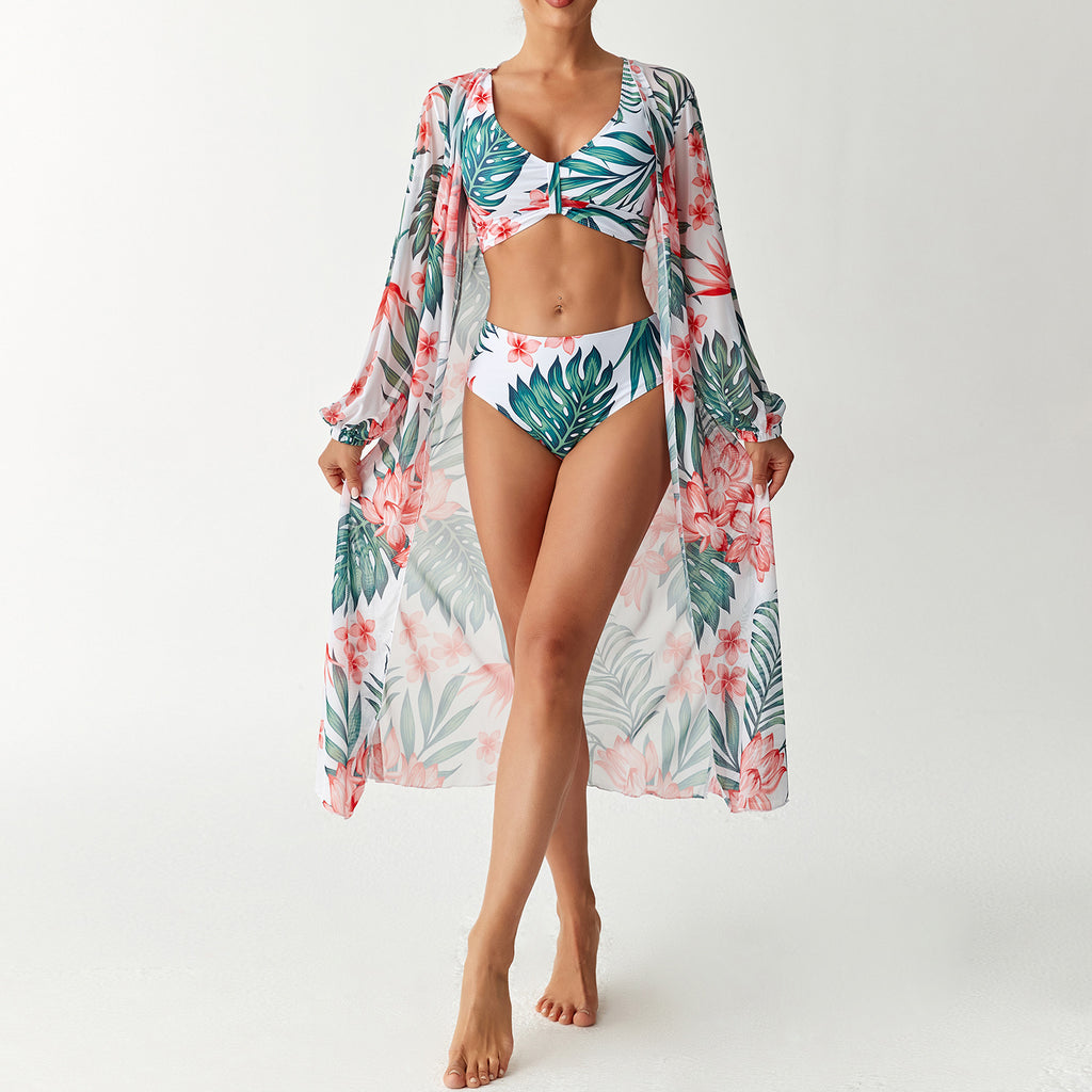 Three piece high waisted long sleeved cover up shirt
