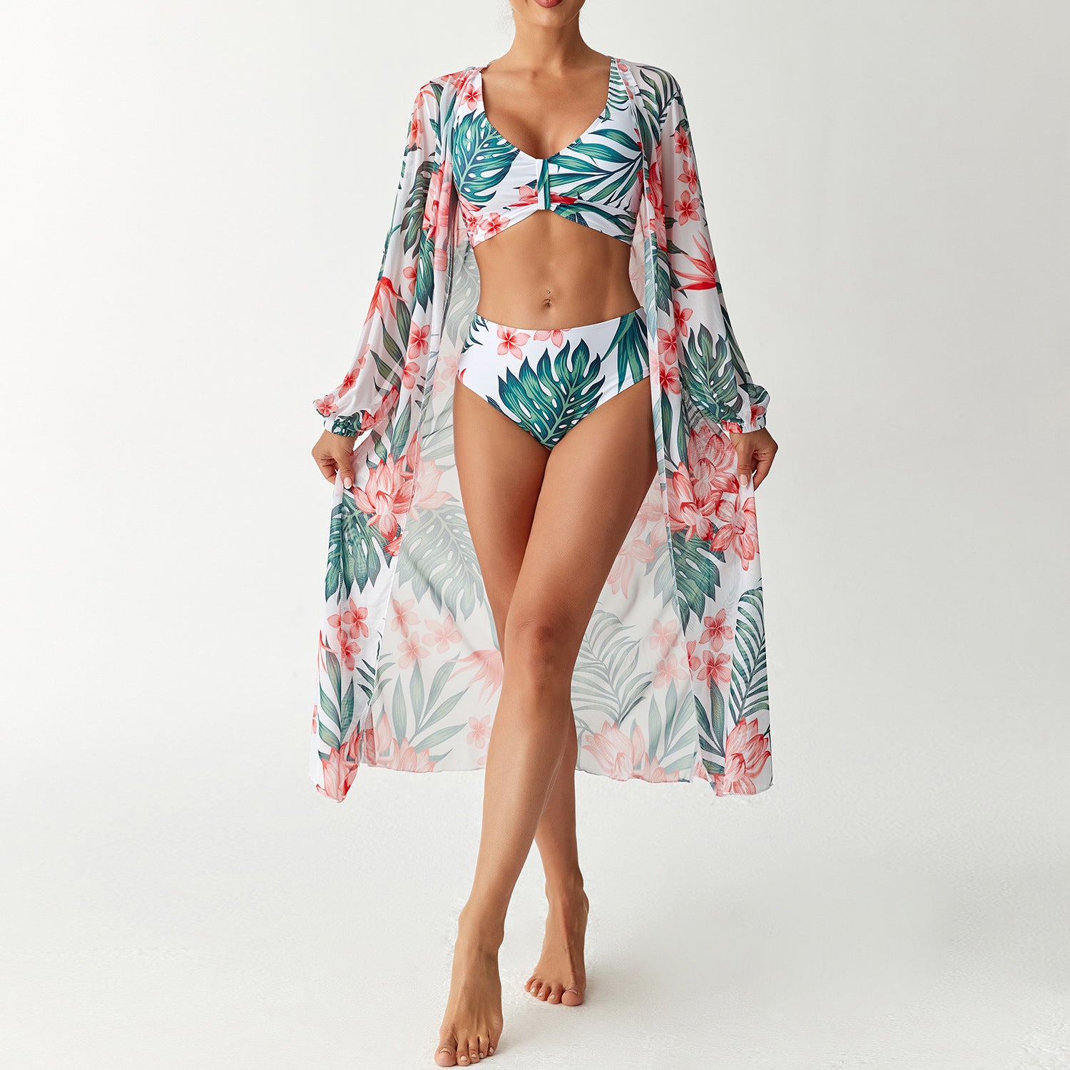Three piece high waisted long sleeved cover up shirt