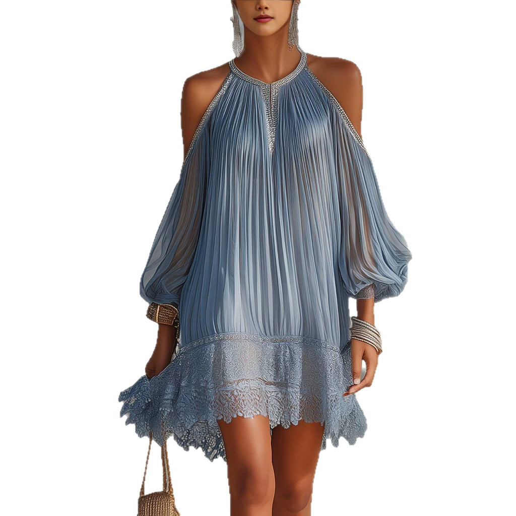 Flared Chiffon Dress with Ruffles and Lace Hem, Loose Fit with Bubble Sleeves
