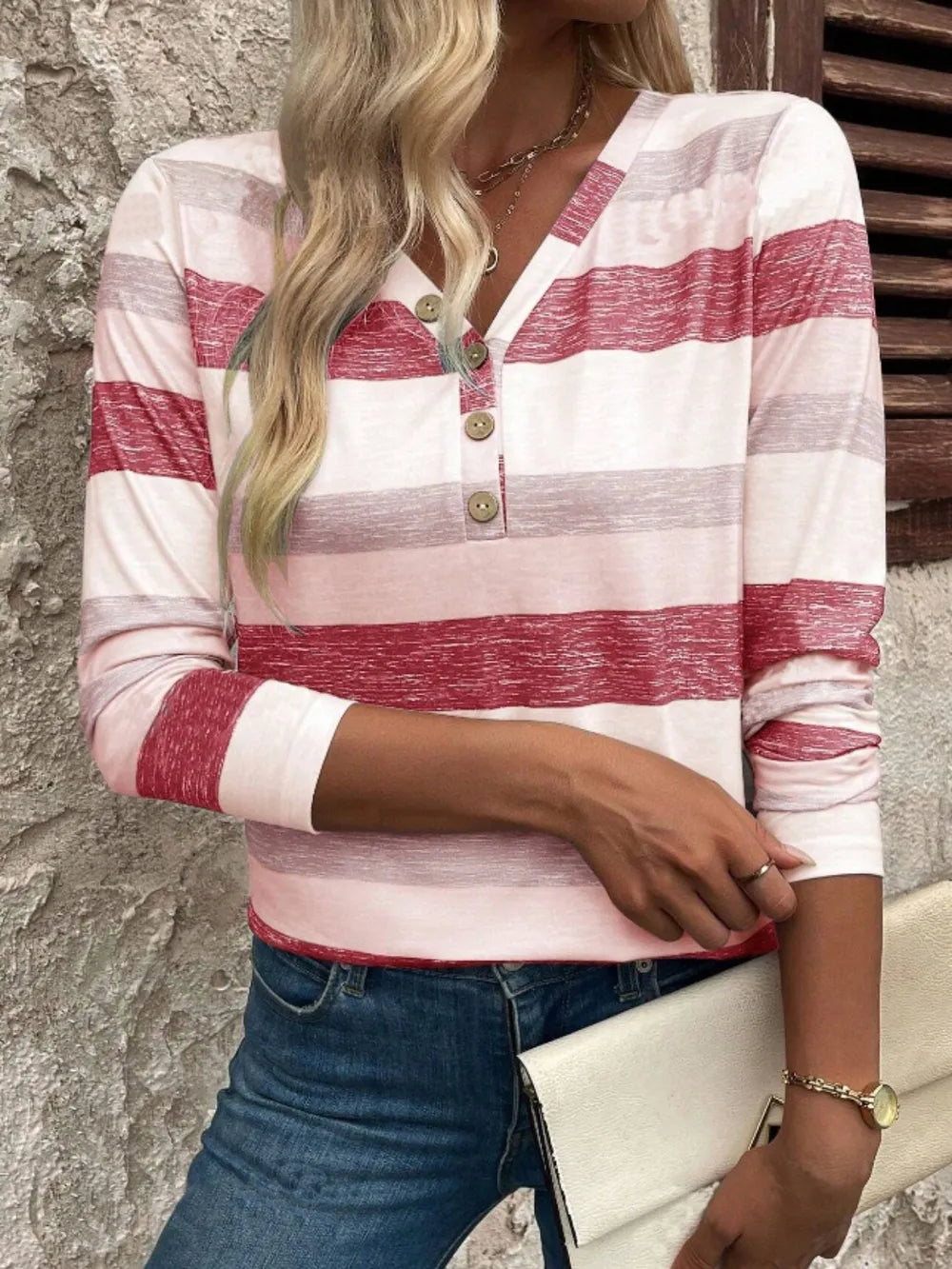 long sleeved deep V-neck striped T-shirt