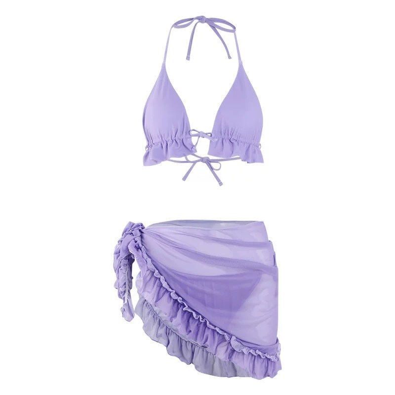Solid Color Bikini Sexy Small Bust Push-Up Separated Lace Skirt Swimwear Women's Three-Piece Set