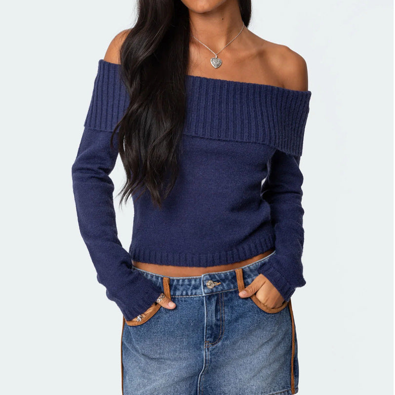 Collar Off Shoulder Long Sleeve Sweater