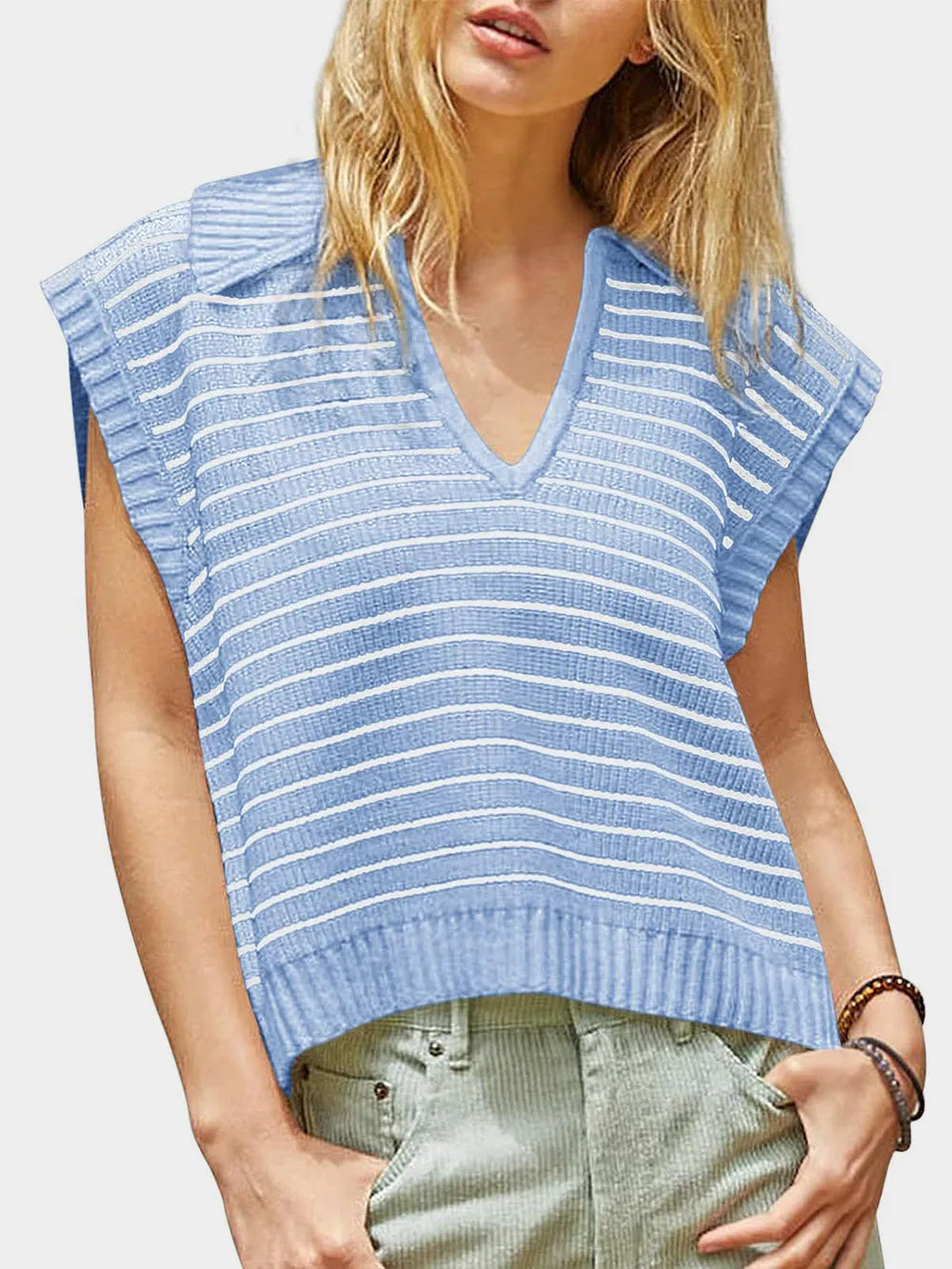 V-neck knitted top casual striped pullover sweater