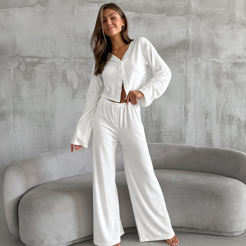 Knitted loose and comfortable casual sleepwear women's long sleeved pants white minimalist home wear