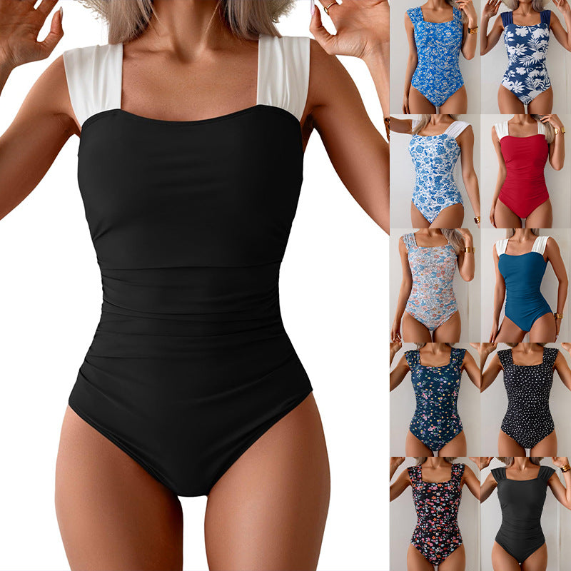 One-Piece Swimsuit, Vintage Square Neck, Tummy Control, Ruffle Detail, Modest Full Coverage Swimwear